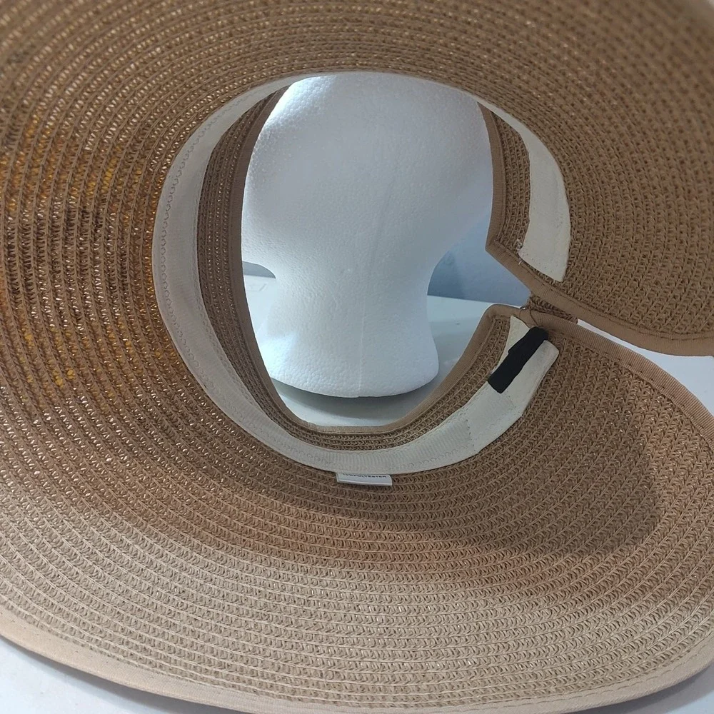 Women Wide Brim Hand‎ Painted Paper Hat Adjustable Open Top Sweat Band Brown Bow